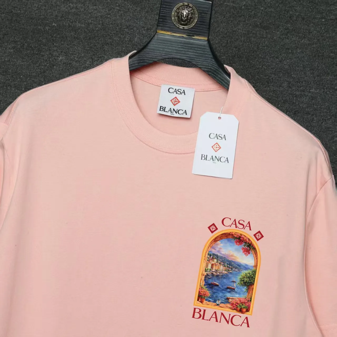 26ss CASABLANCA original printing process short-sleeved T-shirt original development using high-density double yarn pure cotton fabric upper body soft and comfortable color Black White Dark Green color Orange Pink Blue Royal Blue color cigarette powder 8 colors Sizes S M L XL